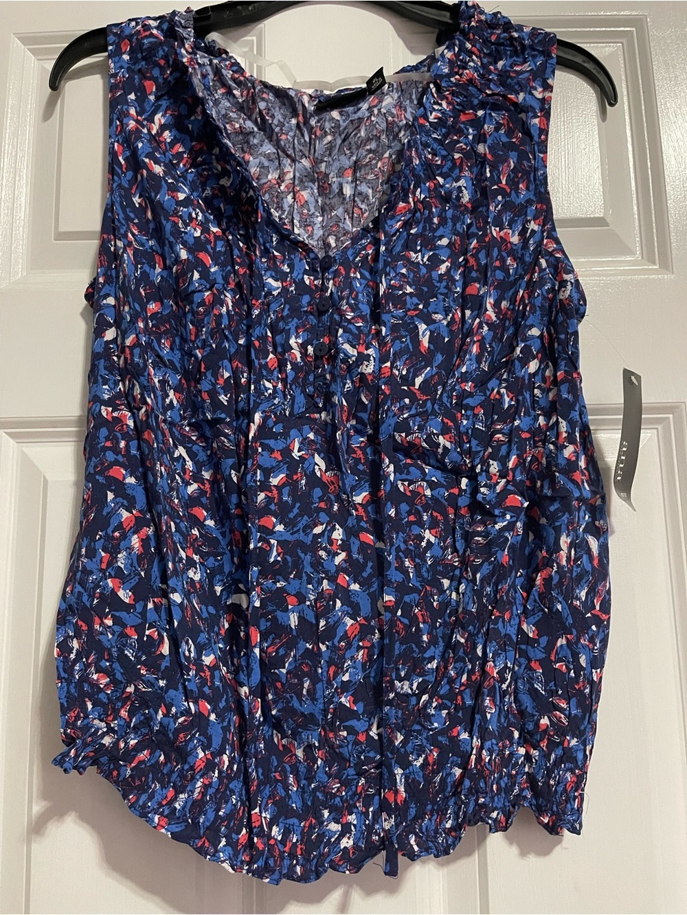 a.n.a Navy Blue Printed V-Neck Sleeveless Top with Red and White Accents